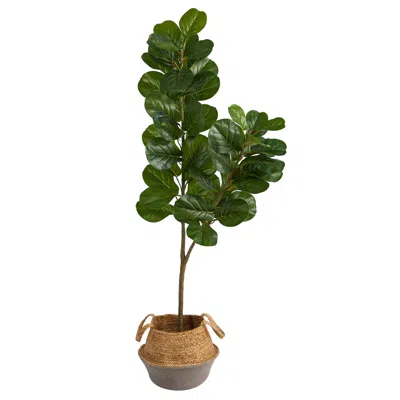 HOMPLANTI 4.5' FIDDLE LEAF FIG TREE IN BOHO CHIC WHITE WOVEN PLANTER 