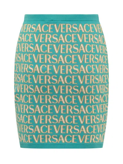 Shop Versace Knitted Mini Skirt In Turquoise