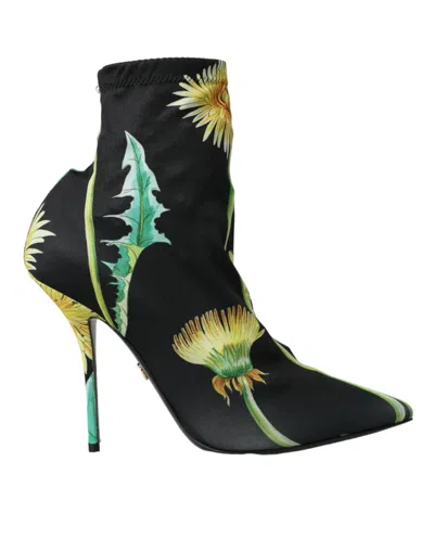 Dolce & Gabbana Black Floral Jersey Stretch Ankle Boots Shoes In Black