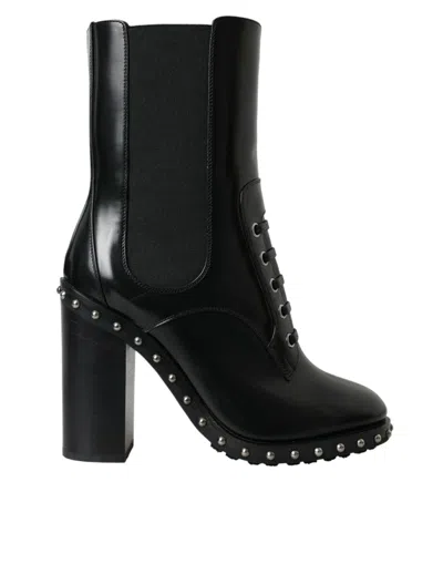 Dolce & Gabbana Black Leather Studded Lace Up Boots Shoes In Black