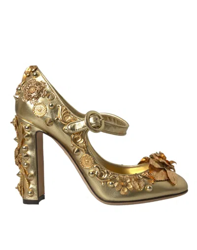Dolce & Gabbana Gold Leather Crystal Mary Janes Pumps Shoes In Gold