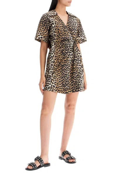 GANNI GANNI ANIMAL PRINT POPLIN WRAP MINI DRESS 