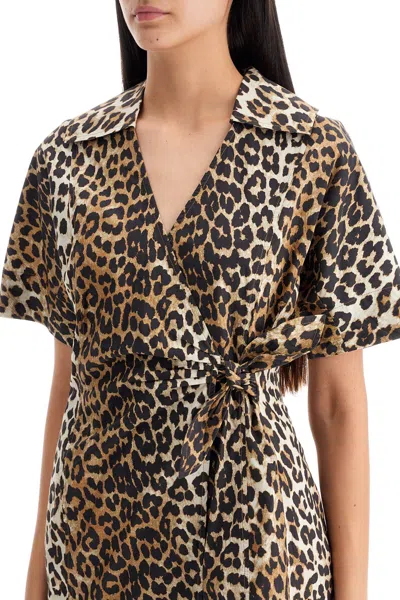 Shop Ganni Animal Print Poplin Wrap Mini Dress