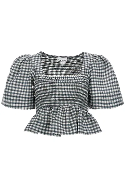 Shop Ganni Seersucker Checkered Pattern Top