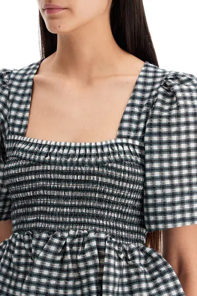 Shop Ganni Seersucker Checkered Pattern Top