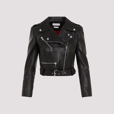 Shop Alexander Mcqueen Black Leather Cropped Biker Jacket