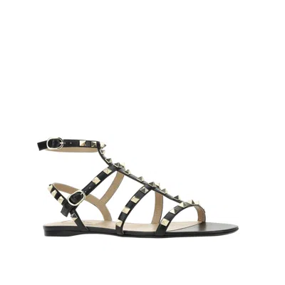Valentino Garavani Rockstud Flat Calfskin Sandal With Straps Woman Black 41.5