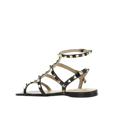 Valentino Garavani Rockstud Flat Calfskin Sandal With Straps Woman Black 41.5