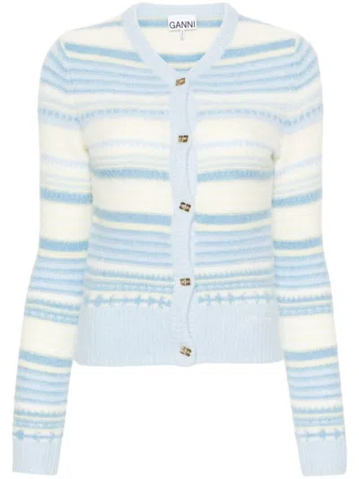 Shop Ganni Wool Striped Cardigan In Clear Blue