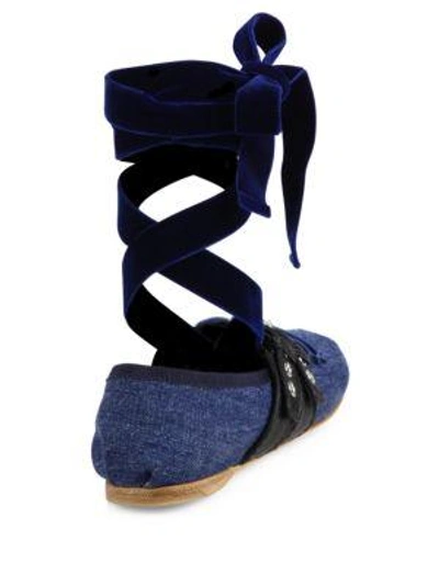 Shop Miu Miu Strapped Denim Lace-up Ballet Flats In Blue-black