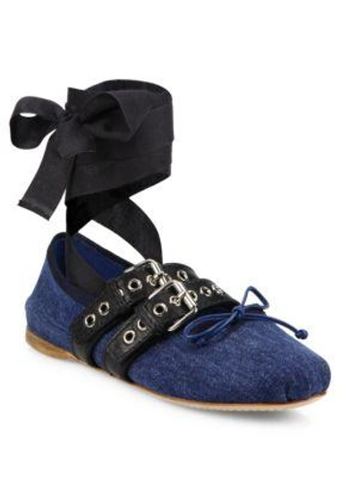 Shop Miu Miu Strapped Denim Lace-up Ballet Flats In Blue-black