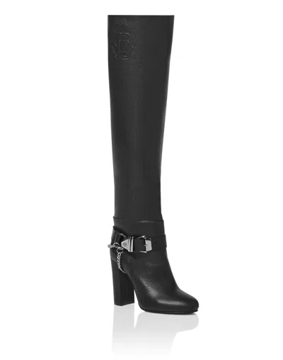 Philipp Plein Leather Boots High Heels High Embossed Hexagon In Black