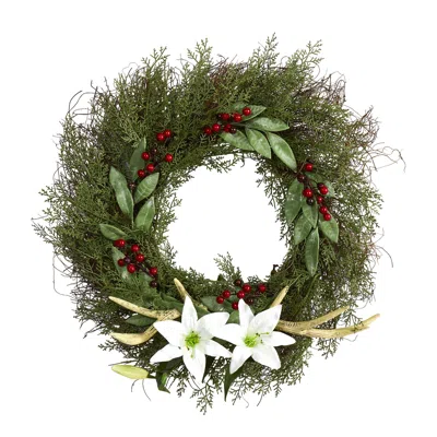 Homplanti 20" Cedar Antlers Lily And Ruscus With Berries Wreath