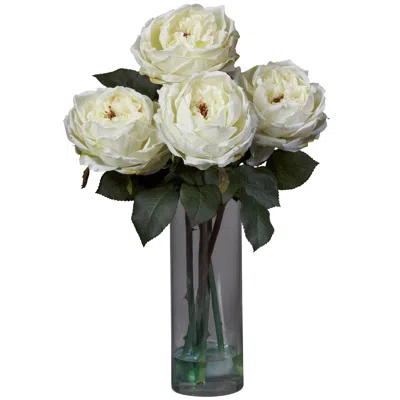 Homplanti Fancy Rose W/cylinder Vase Silk Flower Arrangement White