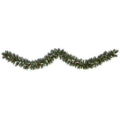 Homplanti 9' Frosted Swiss Pine Garland With 50 Clear Leds And Berries