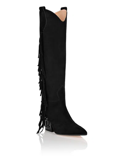 Philipp Plein Suede Boots Mid Heels High Cowboy In Black