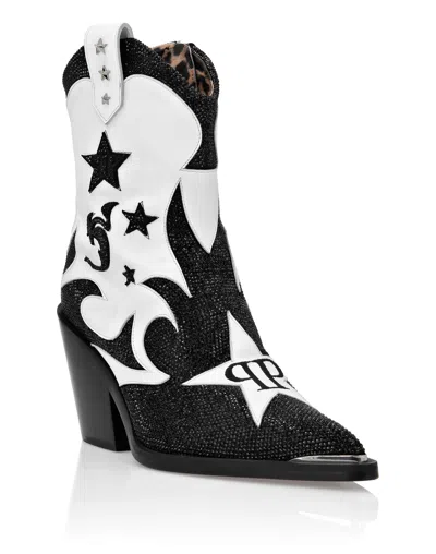 Philipp Plein Strass Cow Boy Boots Mid Heels Mid Stars In Black