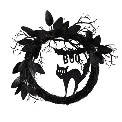 Homplanti 22" Halloween Black Cat And Bat Boo Twig Wreath