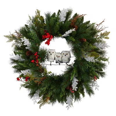 Homplanti 24" Holiday Owl Family Pinecone Berry Christmas Wreath