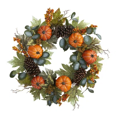 Homplanti 24" Pumpkins Pine Cones And Berries Fall Artificial Wreath