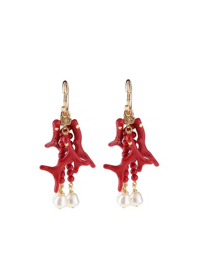 Shop Dolce & Gabbana Creole Earrings With Coral Branches And Pearls In Gold