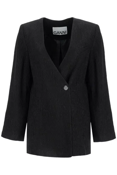 Shop Ganni Blazer Boxy In Crepe Stretch In Black