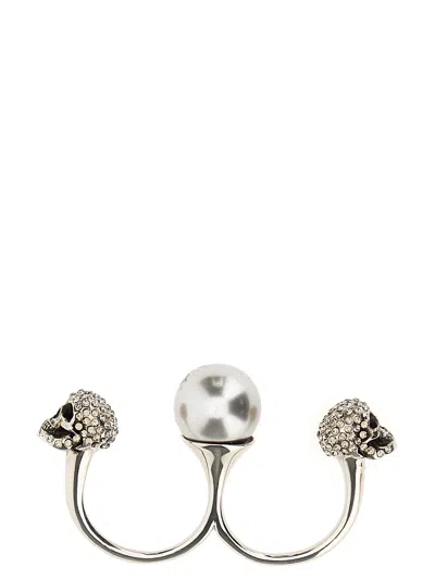 Shop Alexander Mcqueen Pearl Skull Double Ring