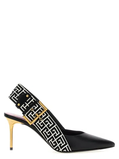 Balmain Ruby Stiletto Slingbacks In Calfskin And Pb Labyrinth Canvas