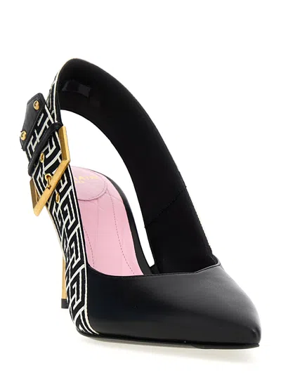 Balmain Ruby Stiletto Slingbacks In Calfskin And Pb Labyrinth Canvas