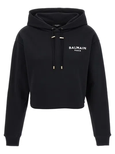 Shop Balmain Flocked Logo Cropped Hoodie