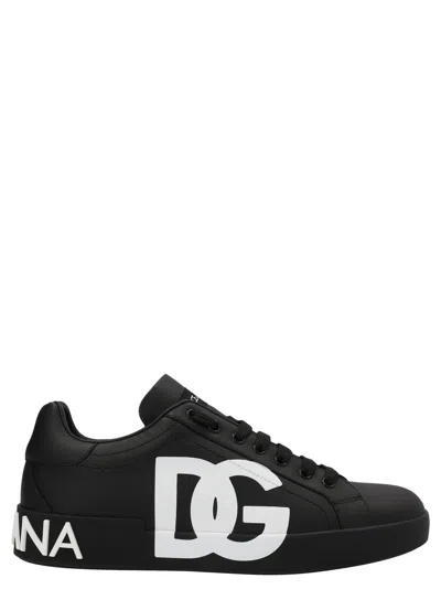 Dolce & Gabbana Portofino Sneakers In Black Calf Leather With White Logo