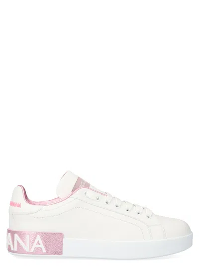 Dolce & Gabbana Portofino White And Pink Low Top Sneakers With Logo In Leather Woman In White