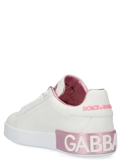 Dolce & Gabbana Portofino White And Pink Low Top Sneakers With Logo In Leather Woman In White