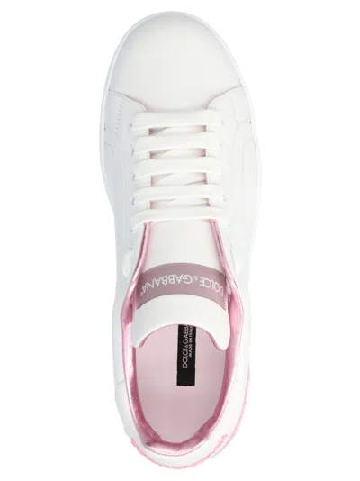 Dolce & Gabbana Portofino White And Pink Low Top Sneakers With Logo In Leather Woman In White