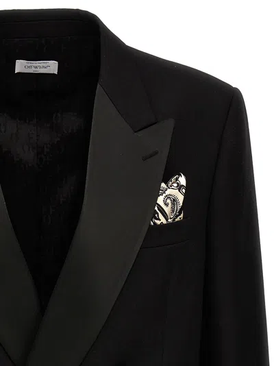 Off-white Double-breasted Tattoo Blazer With Satin Peak Lapel