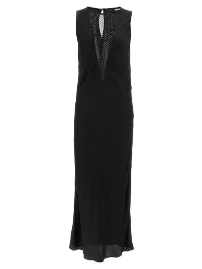 Rotate Birger Christensen Midi Black Dress With Plunging V Neck With Mesh Insert In Viscose Woman