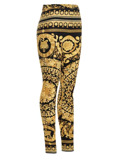 Versace Gold And Black Stretch Fabric Leggings With Baroque Heriatge Print