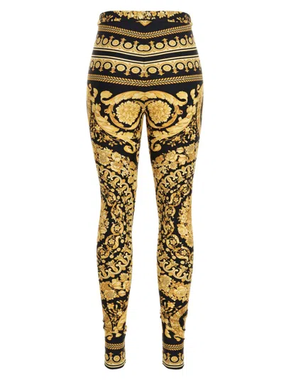 Versace Gold And Black Stretch Fabric Leggings With Baroque Heriatge Print