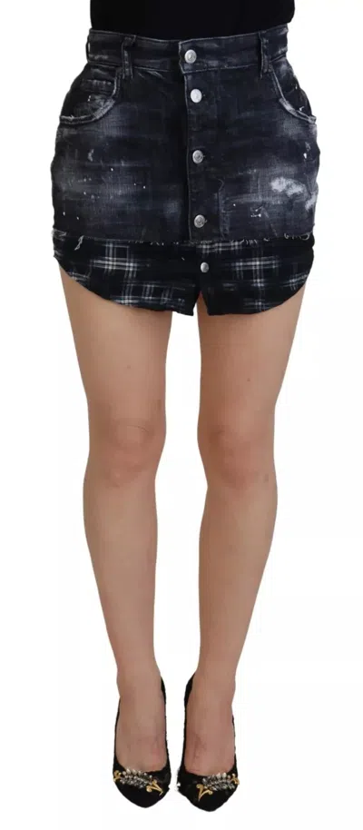 Dsquared2 Dsqua² Checke High Waist A-line Blue Mini Women's Skirt In Black
