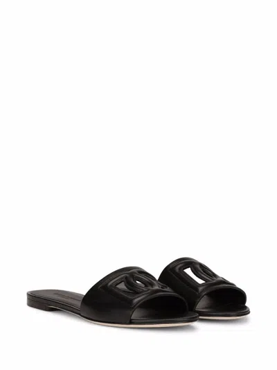 Shop Dolce & Gabbana Dg Logo Leather Flat Sandals In Black