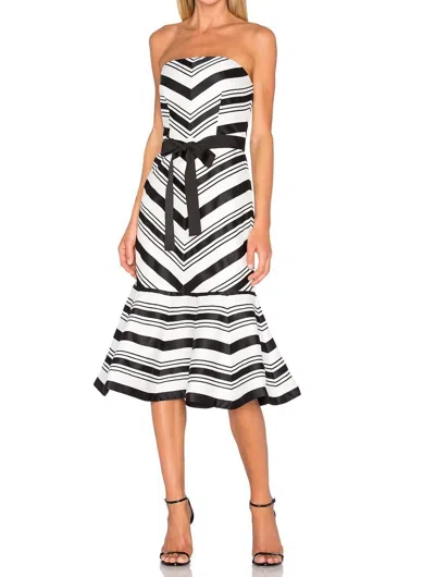 Alexis Ribbon Tie Belt Strapless Drop Waist Midi Dress In Black And White In Multi