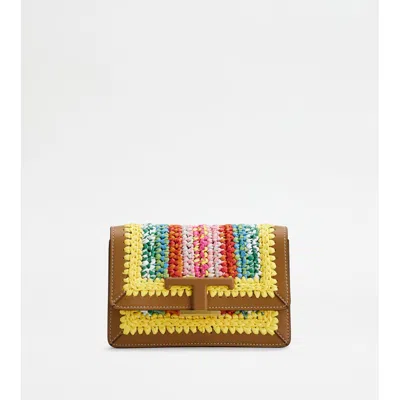 Tod's T Timeless Belt Bag In Leather And Raffia Micro With Metal Shoulder Strap In Multi