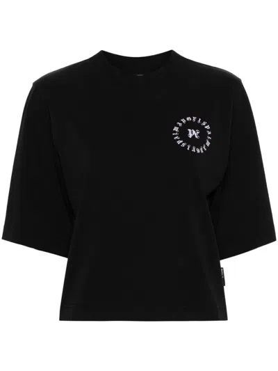 Shop Palm Angels Cropped Cotton T-shirt With Logo Print In Nero E Lilla