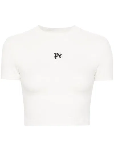 Shop Palm Angels Cropped Cotton T-shirt With Logo Print In White