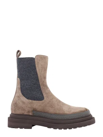 Shop Brunello Cucinelli Suede Ankle Boots With Precious Contour