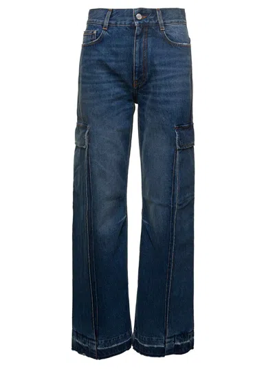 Stella Mccartney Blue Flare Cargo Jeans With Logo Patch In Blue