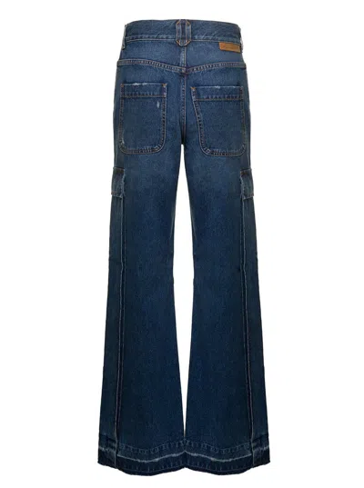 Stella Mccartney Blue Flare Cargo Jeans With Logo Patch In Blue