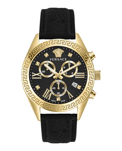 Versace Greca Chrono Leather Watch In Gold