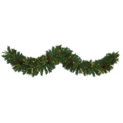 Homplanti 6' Mixed Pine Xmas Garland With 35 Leds, Berries And Cones