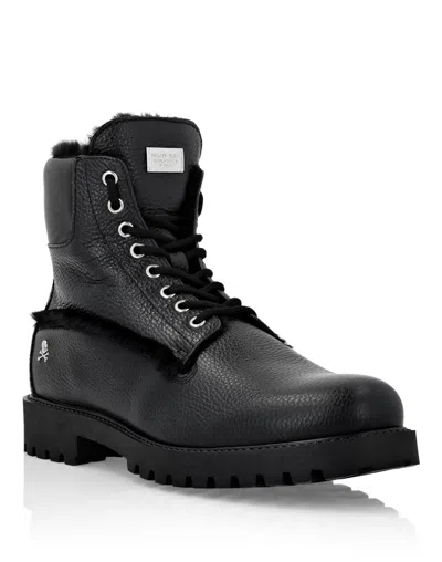 Philipp Plein Leather Boots With Shearling Inside Iconic Plein In Black